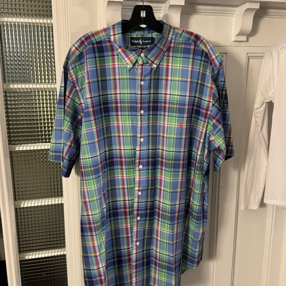 Ralph Lauren Plaid Button Down Shirt Mens XLT Blue Classic-Fit Short Sleeve - Picture 2 of 11